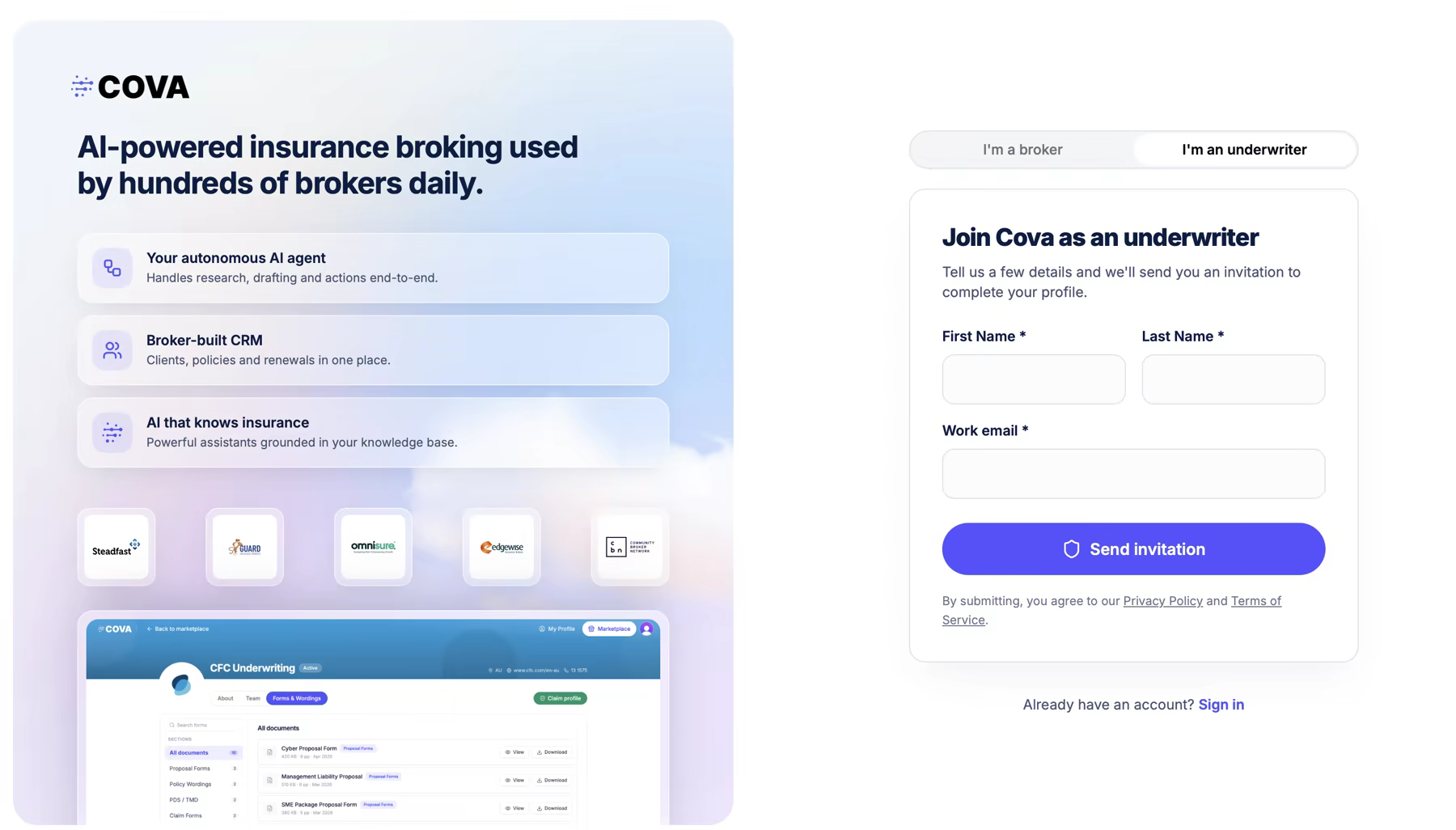 Cova signup page for underwriters