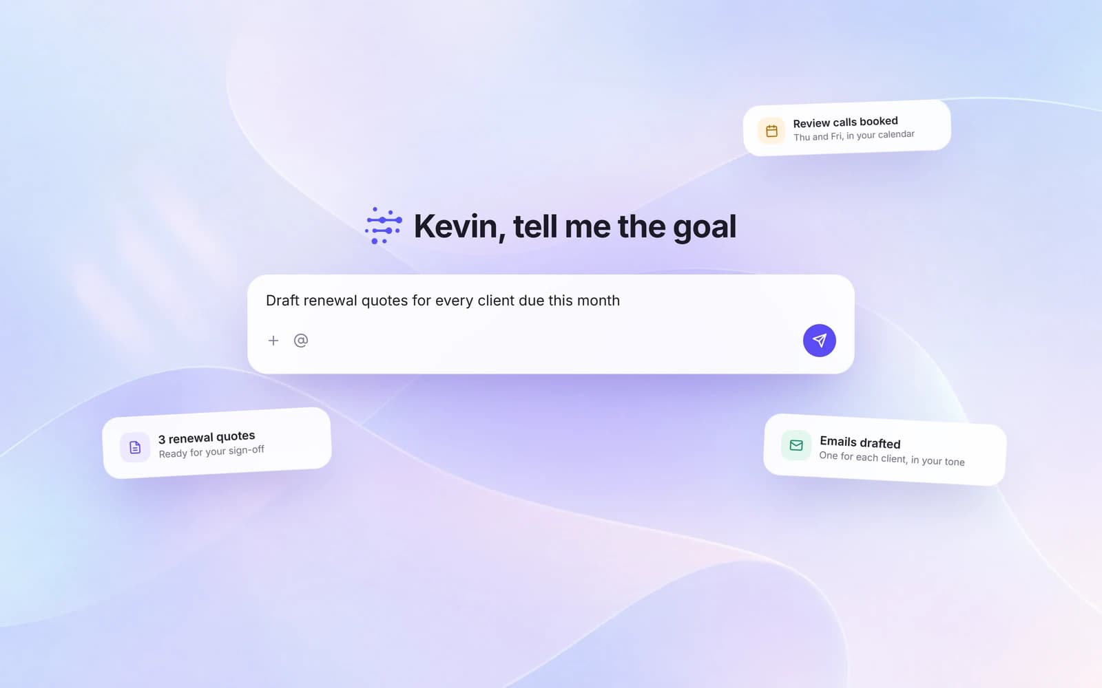Illustrative Cova broker workspace showing renewal quotes, drafted client emails and review calls.