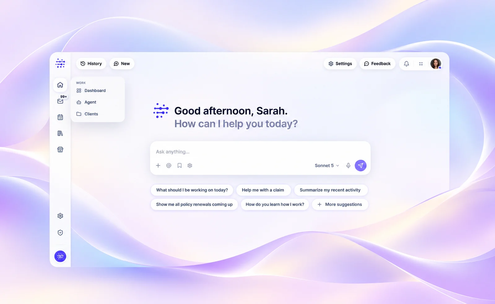 Cova Agent workspace set against a flowing purple and blue background.