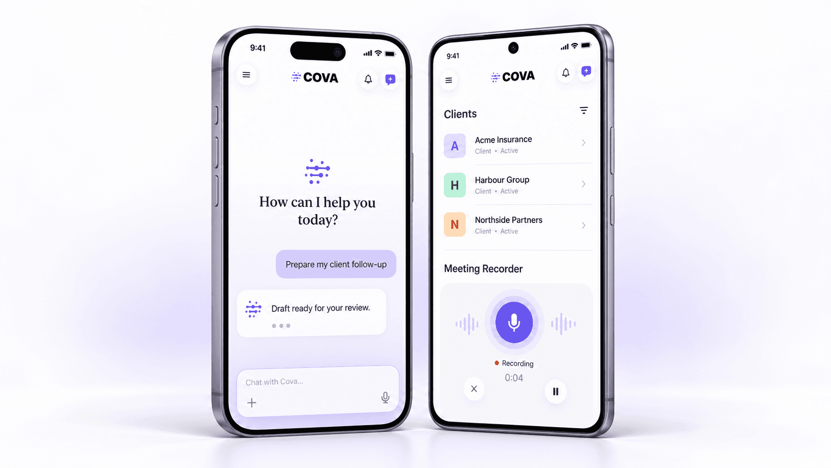 A 3D illustration of an iPhone and Android phone showing Cova Agent, Clients and Meeting Recorder.