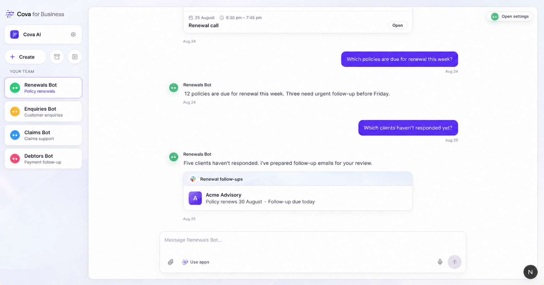 Cova for Business workspace showing a team of specialist AI agents collaborating on renewal work